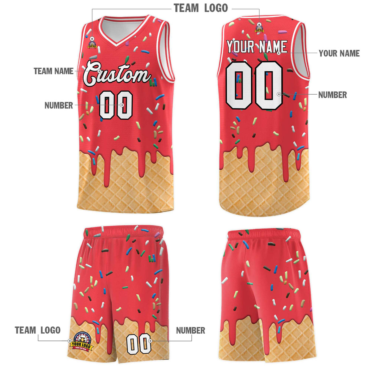 Custom Light Red Basketball Kits with Ice Cream Element Pattern