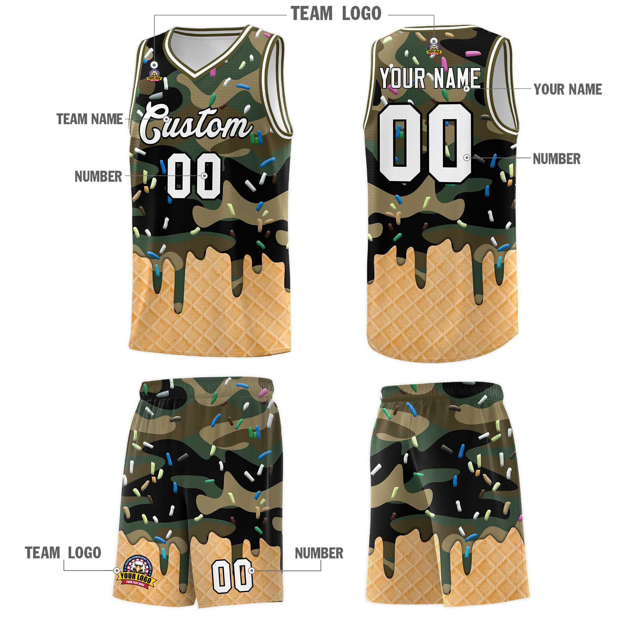 Custom Camo Basketball Kits with Ice Cream Element Pattern
