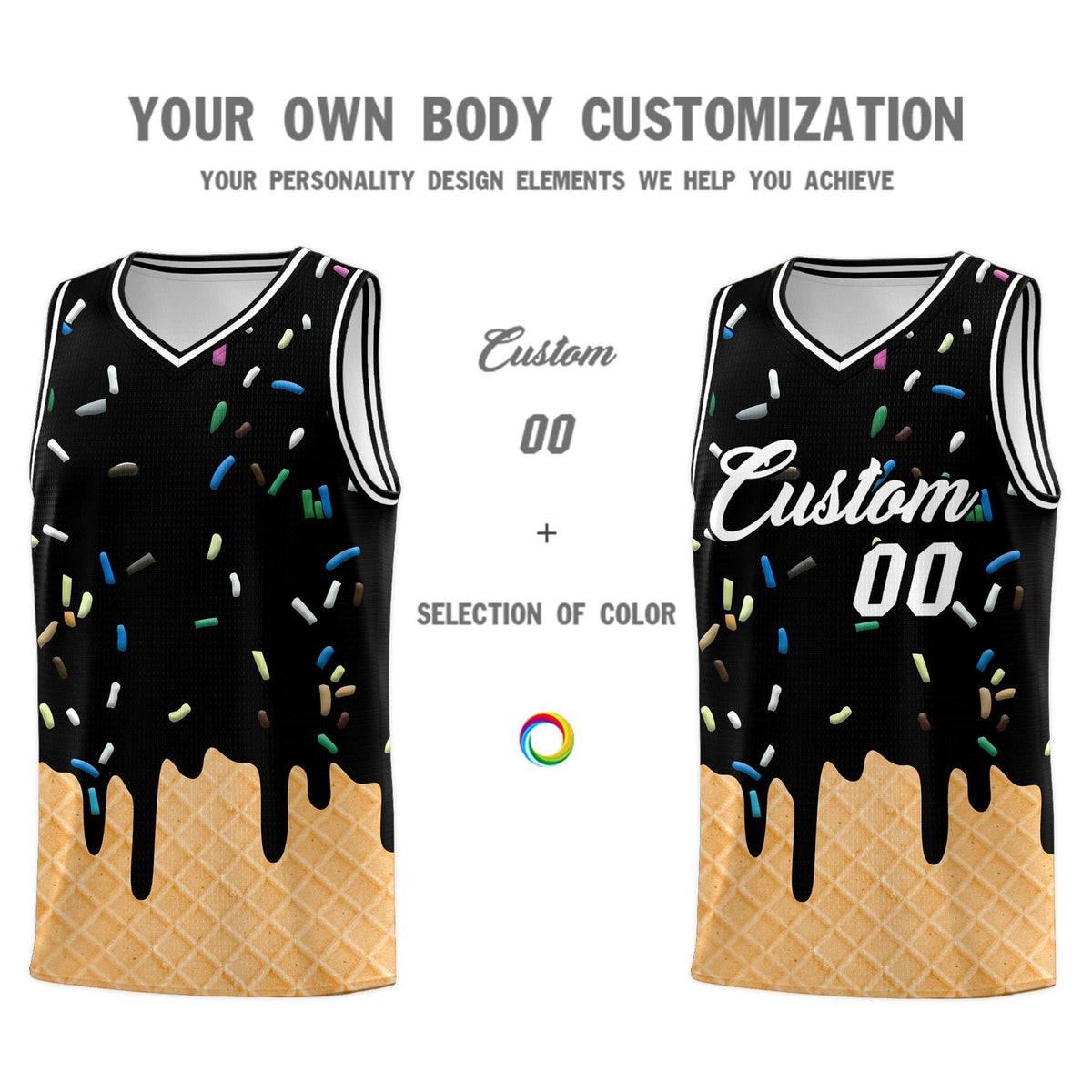 Custom Black Basketball Kits with Ice Cream Element Pattern