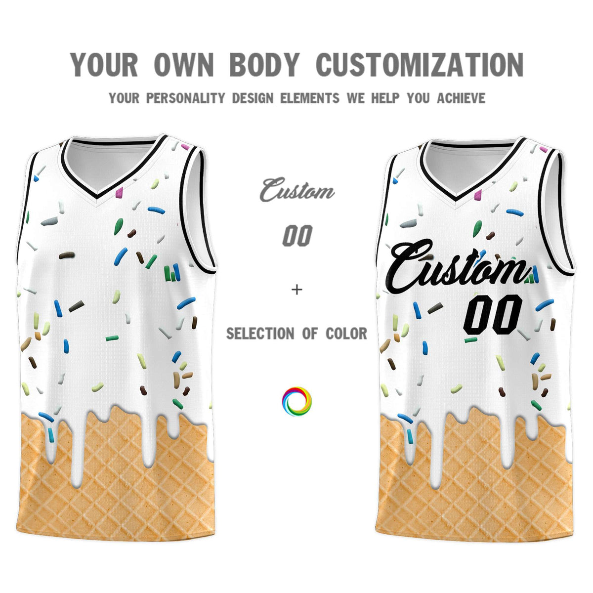 Custom White Basketball Kits with Ice Cream Element Pattern