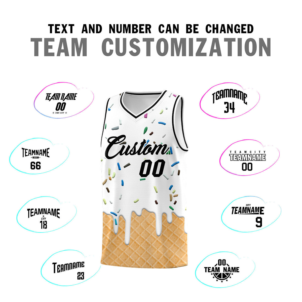 Custom White Basketball Kits with Ice Cream Element Pattern