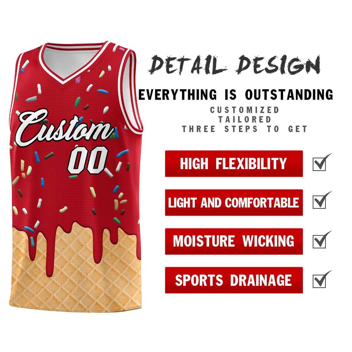 Custom Red Basketball Kits with Ice Cream Element Pattern