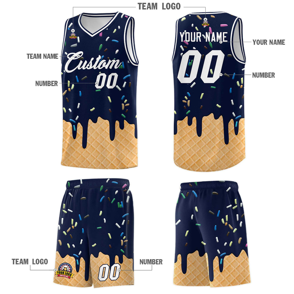 Custom Navy Basketball Kits with Ice Cream Element Pattern