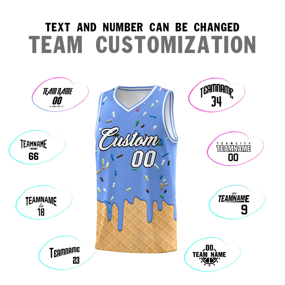 Custom Light Blue Basketball Kits with Ice Cream Element Pattern