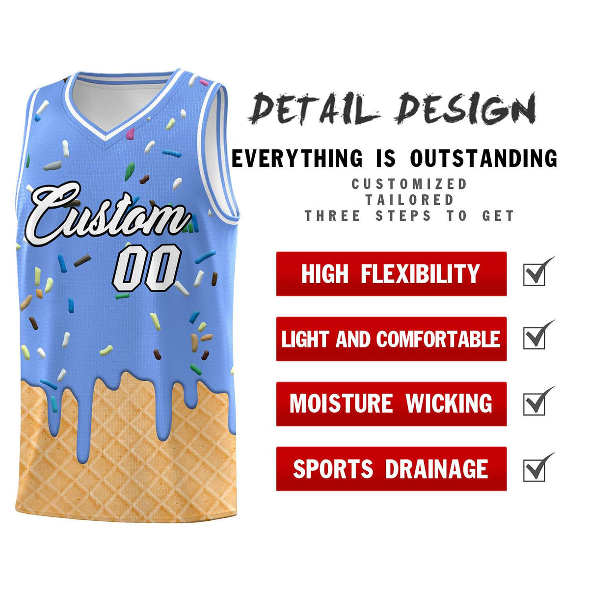 Custom Light Blue Basketball Kits with Ice Cream Element Pattern