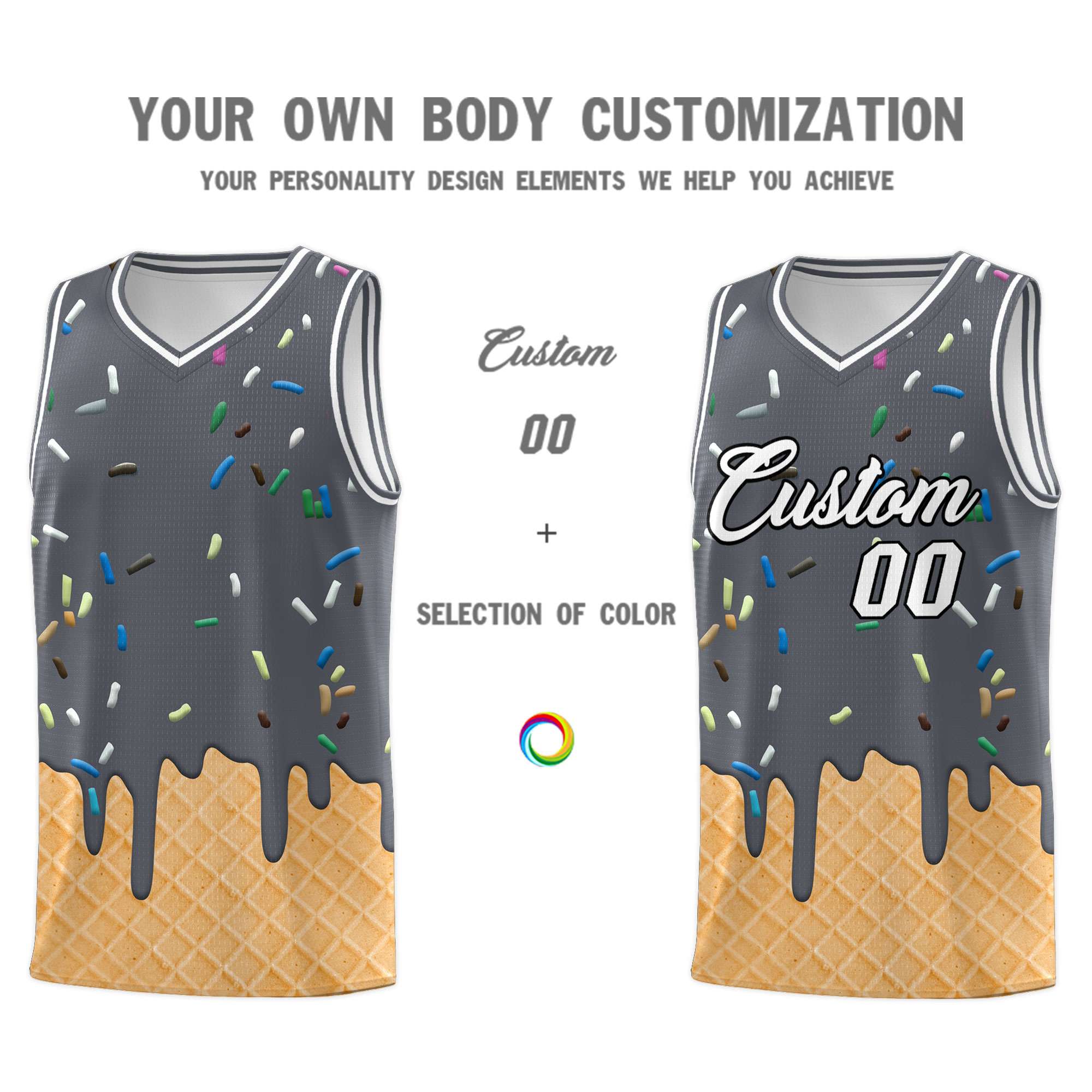 Custom Gray Basketball Kits with Ice Cream Element Pattern