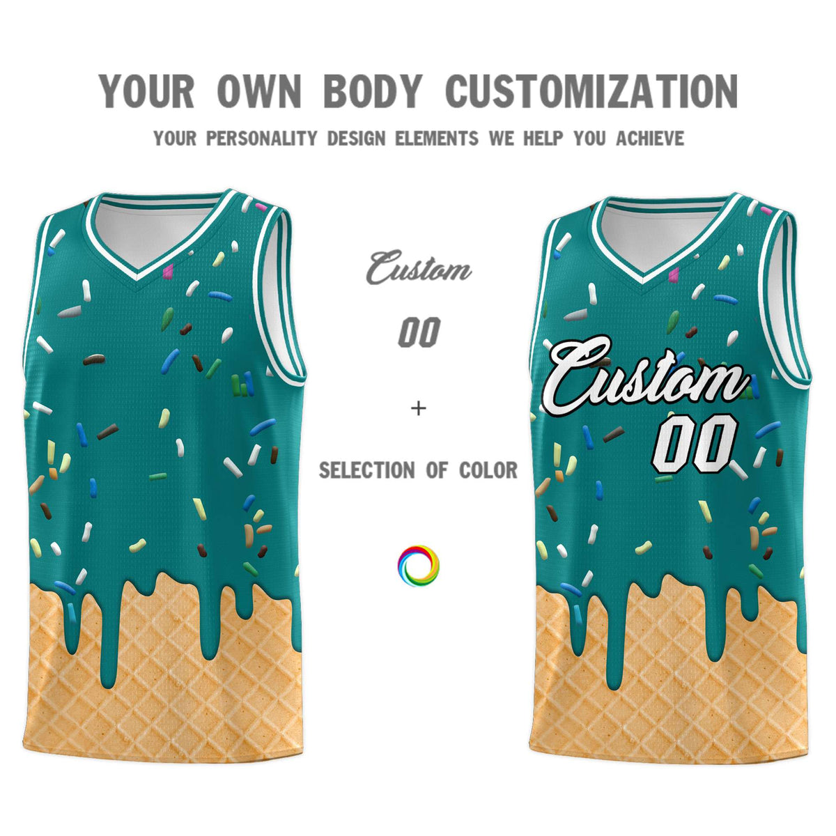 Custom Teal Basketball Kits with Ice Cream Element Pattern