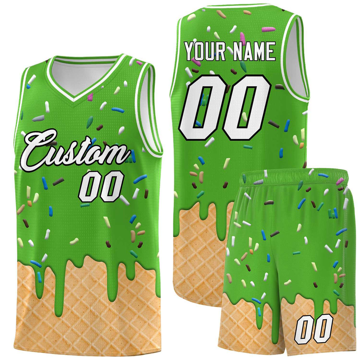 Custom Light Green Basketball Kits with Ice Cream Element Pattern