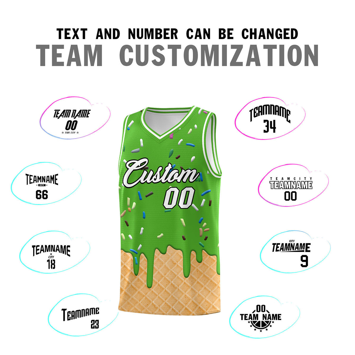 Custom Light Green Basketball Kits with Ice Cream Element Pattern