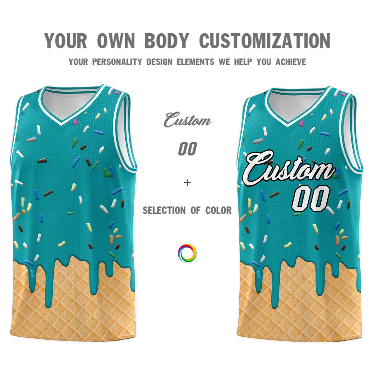 Custom Aqua Basketball Kits with Ice Cream Element Pattern