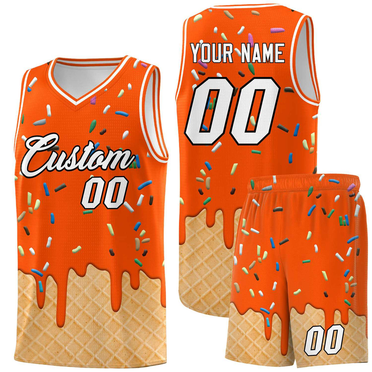 Custom Orange Basketball Kits with Ice Cream Element Pattern