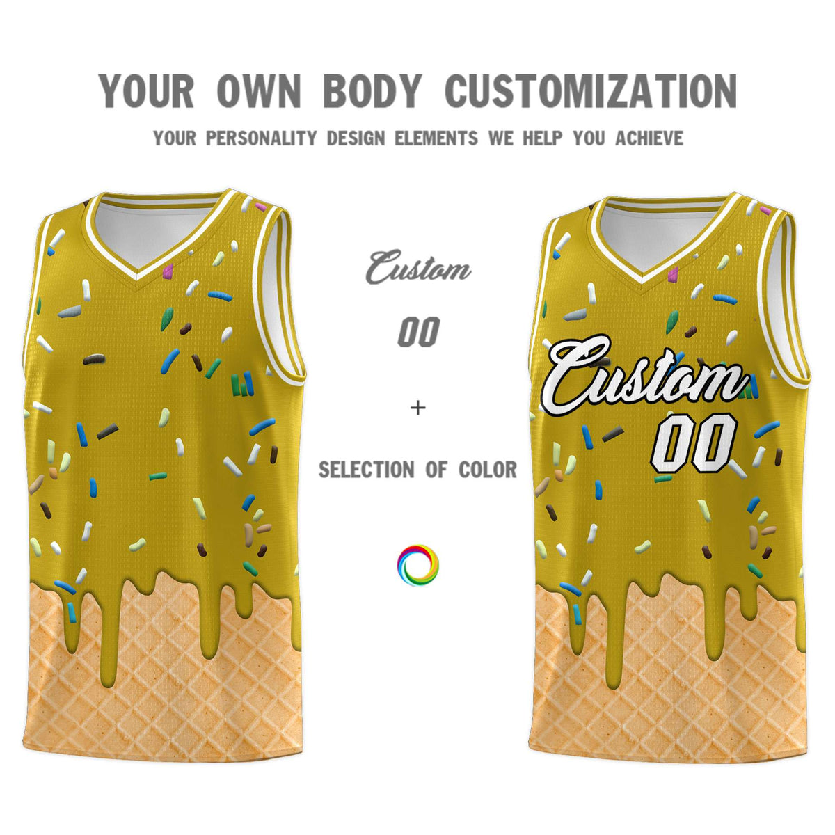 Custom Old Gold Basketball Kits with Ice Cream Element Pattern