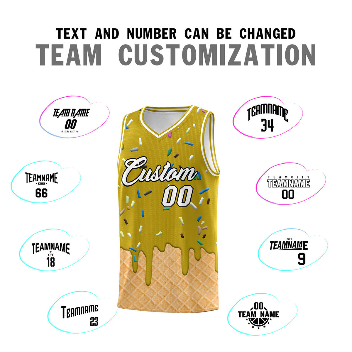 Custom Old Gold Basketball Kits with Ice Cream Element Pattern