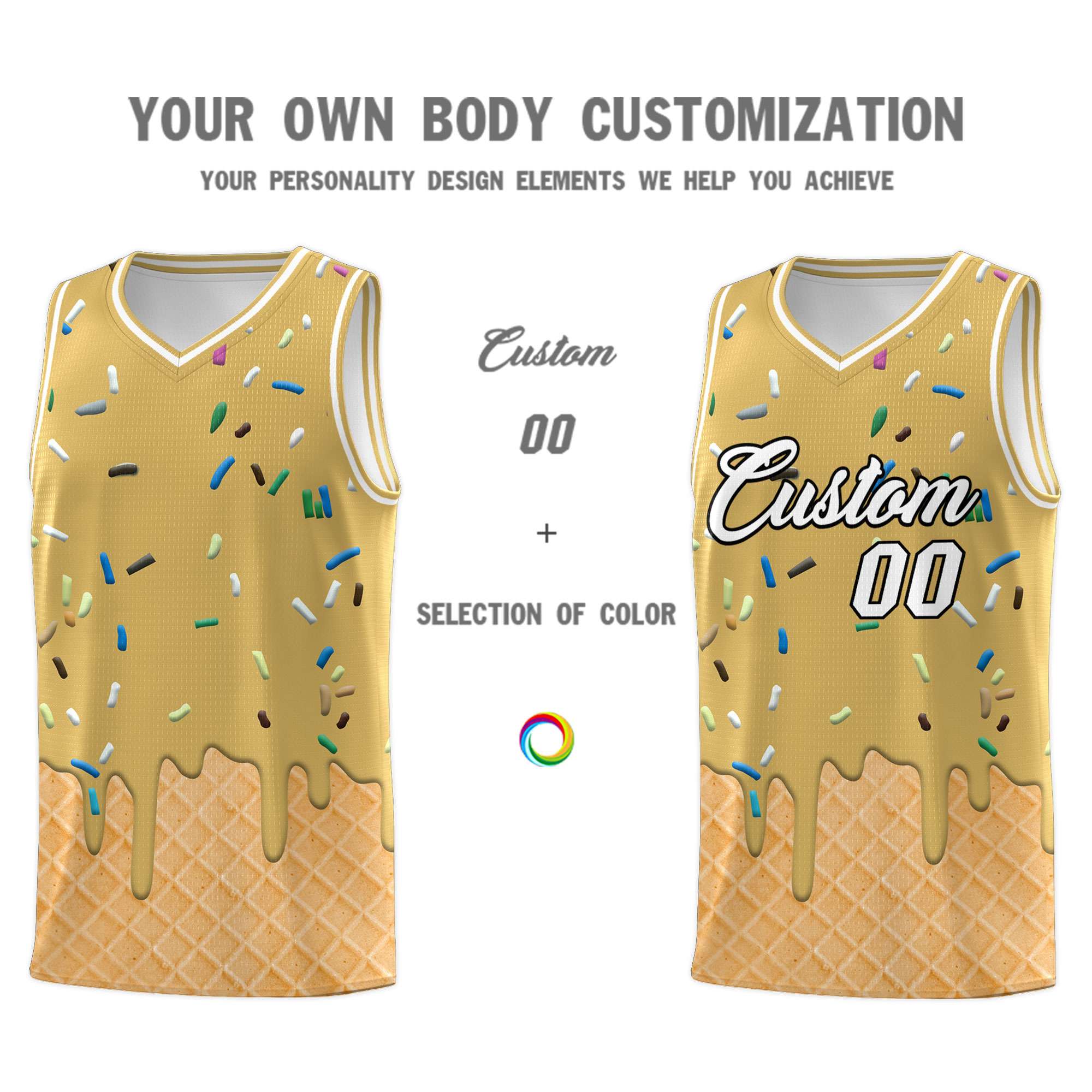 Custom Old Gold Basketball Kits with Ice Cream Element Pattern
