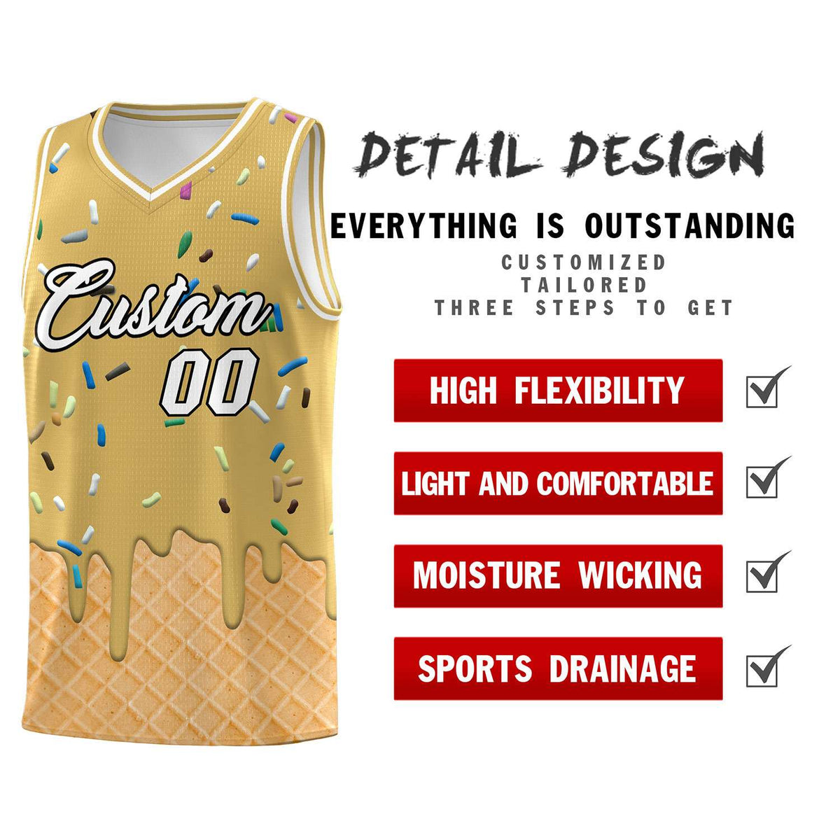 Custom Old Gold Basketball Kits with Ice Cream Element Pattern