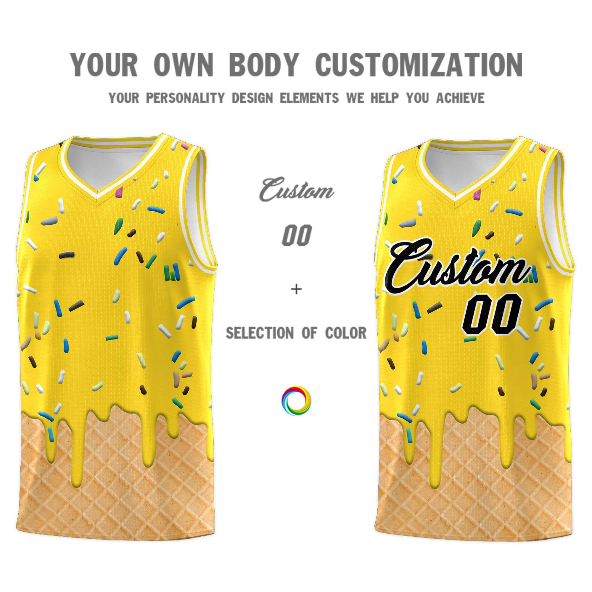 Custom Gold Basketball Kits with Ice Cream Element Pattern
