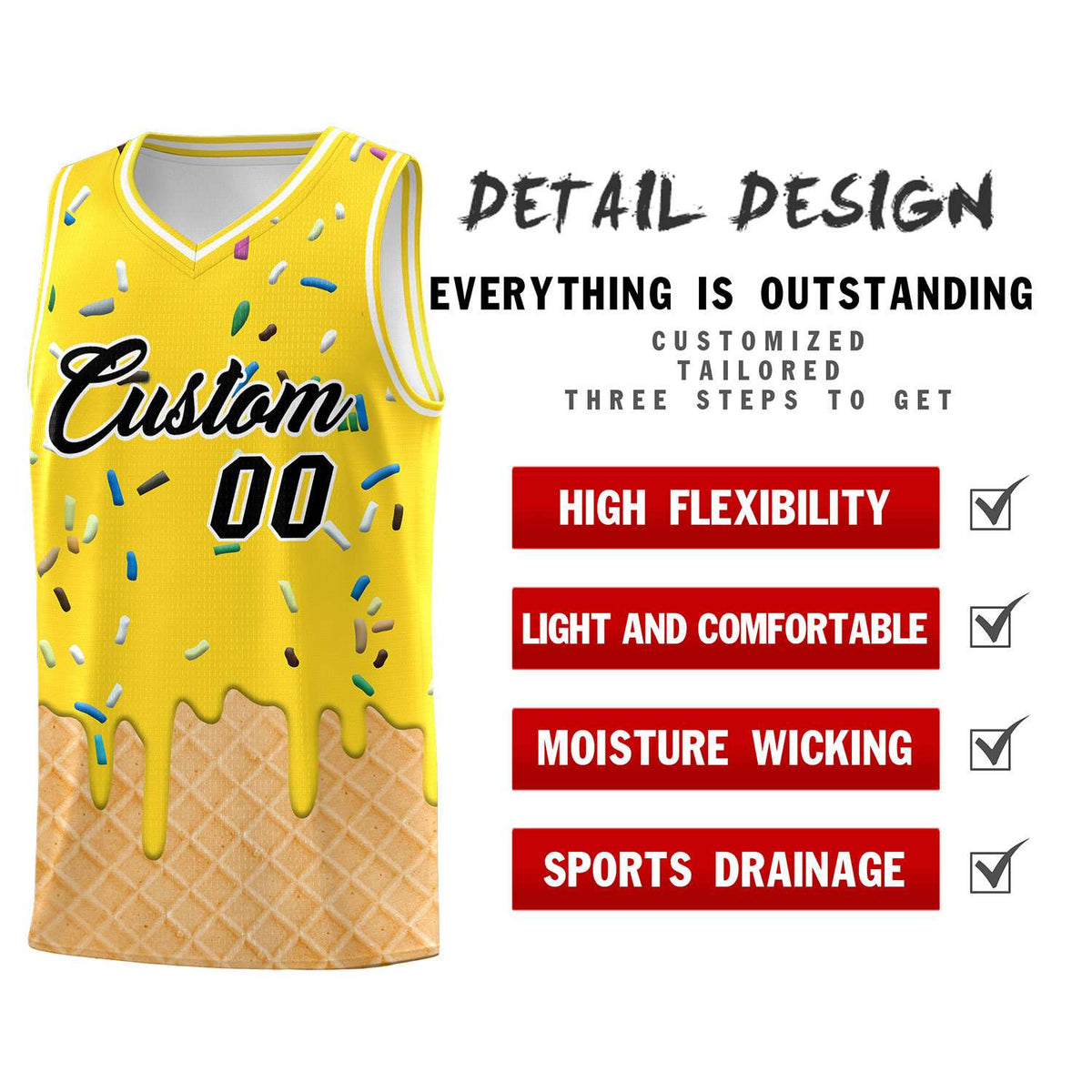 Custom Gold Basketball Kits with Ice Cream Element Pattern