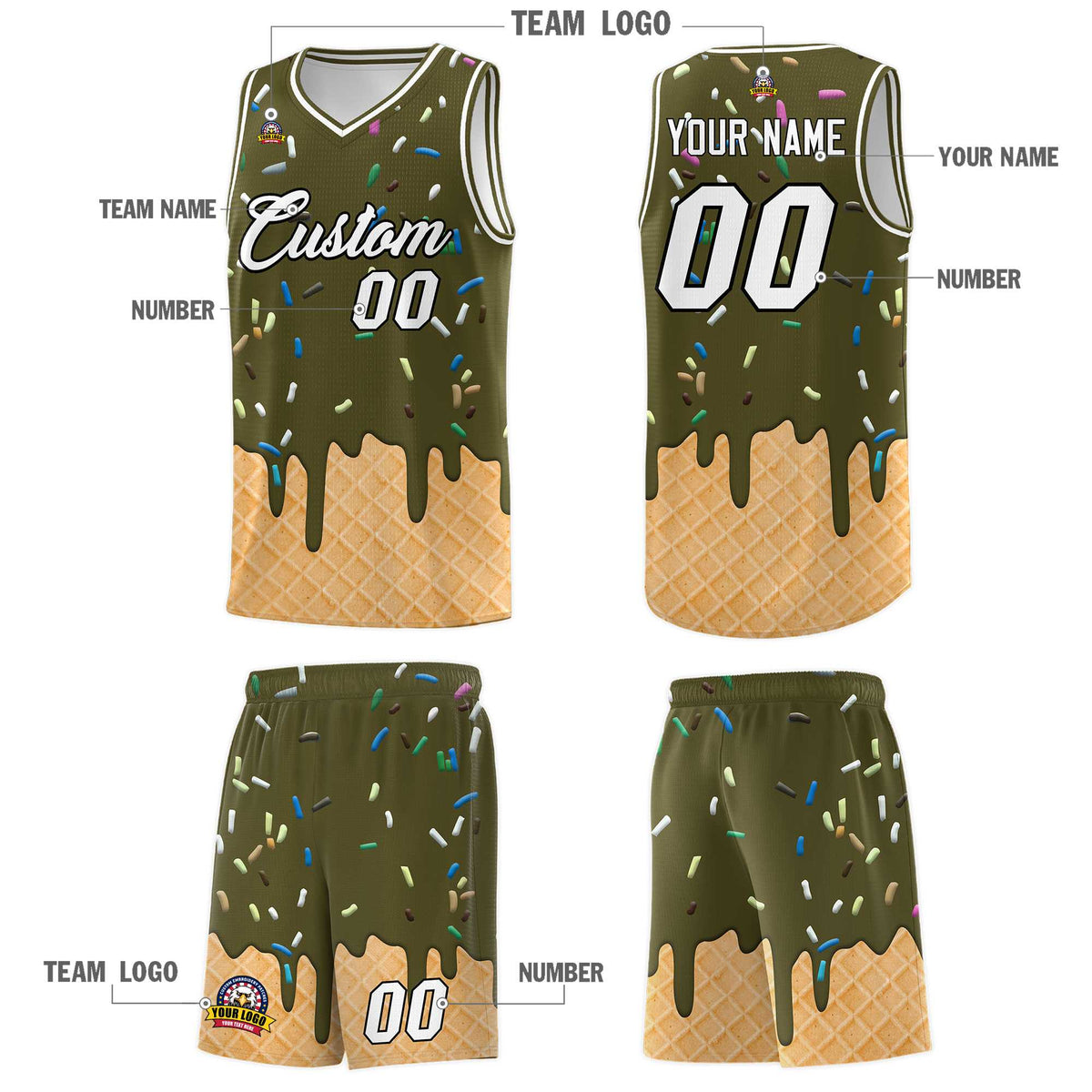 Custom Olive Basketball Kits with Ice Cream Element Pattern