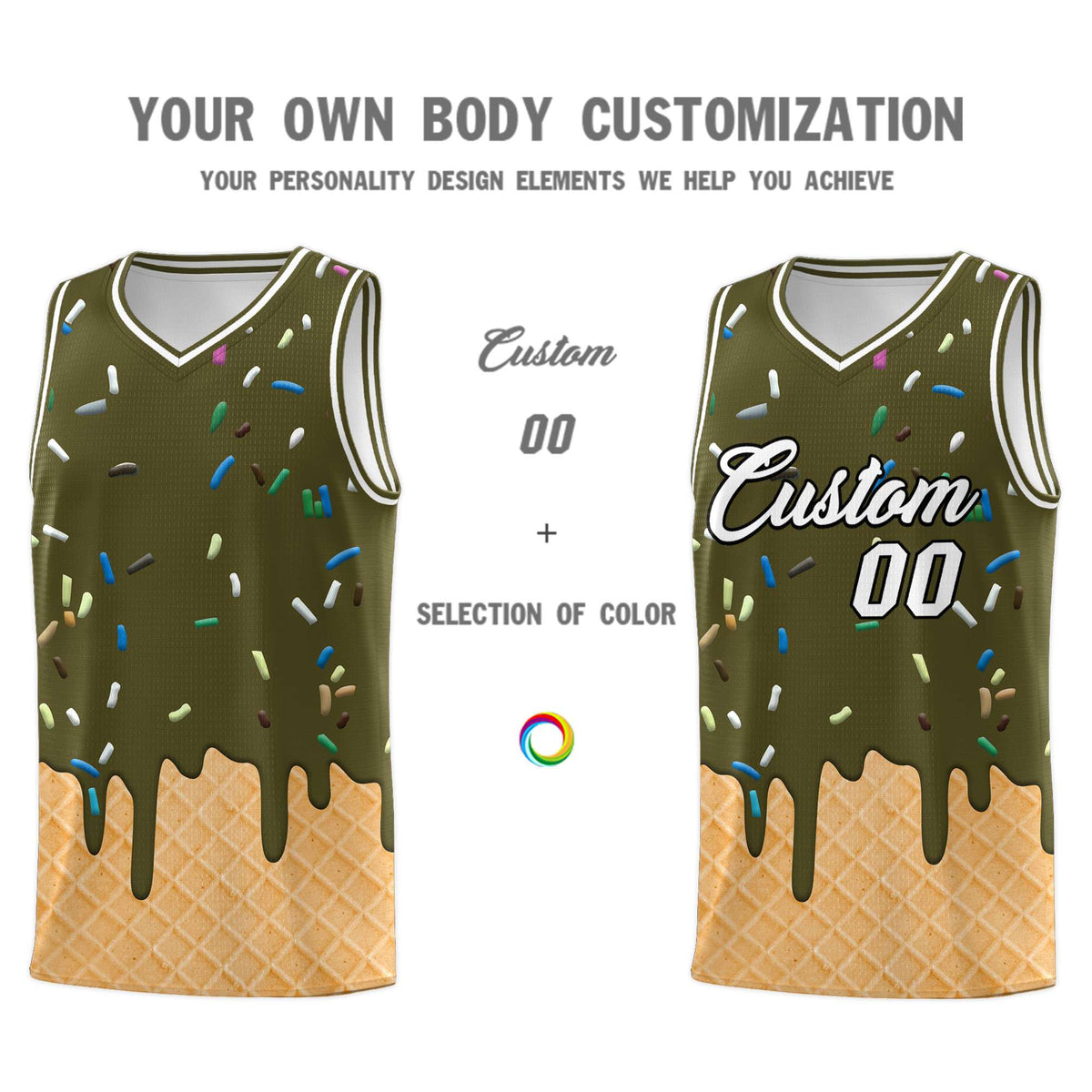 Custom Olive Basketball Kits with Ice Cream Element Pattern