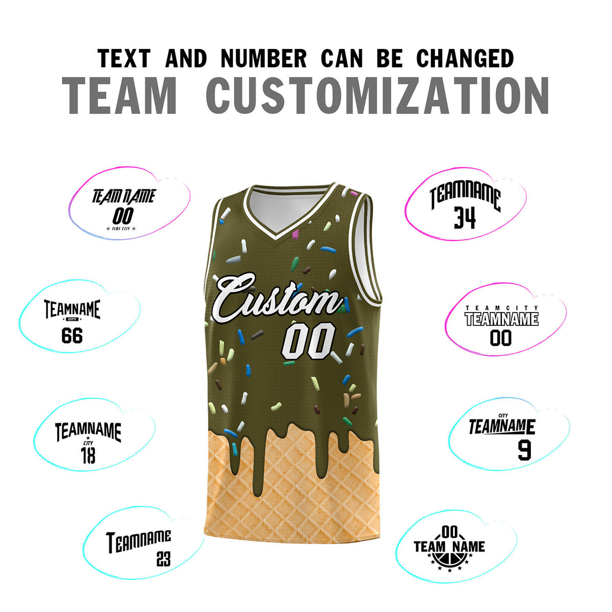 Custom Olive Basketball Kits with Ice Cream Element Pattern