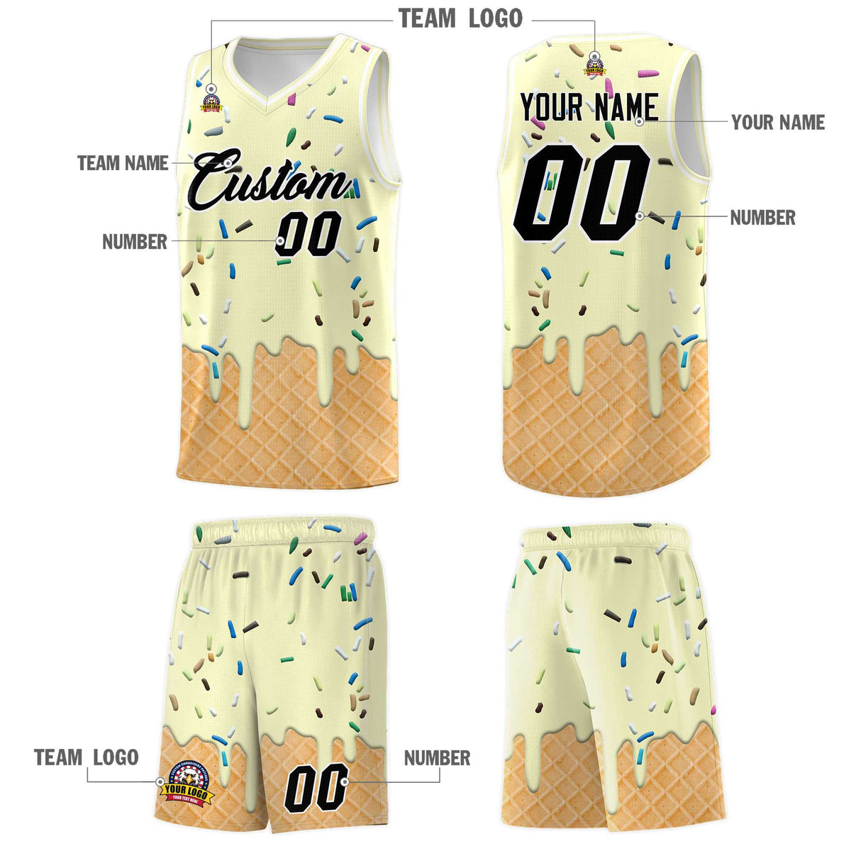 Custom Cream Basketball Kits with Ice Cream Element Pattern