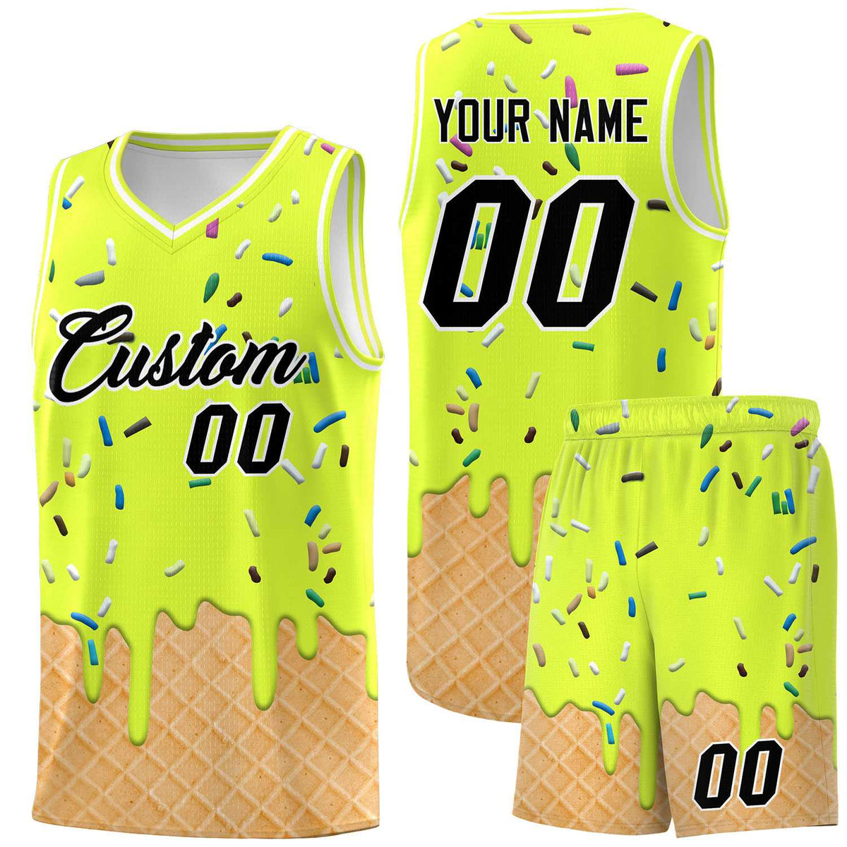 Custom Fluorescent Green Basketball Kits with Ice Cream Element Pattern