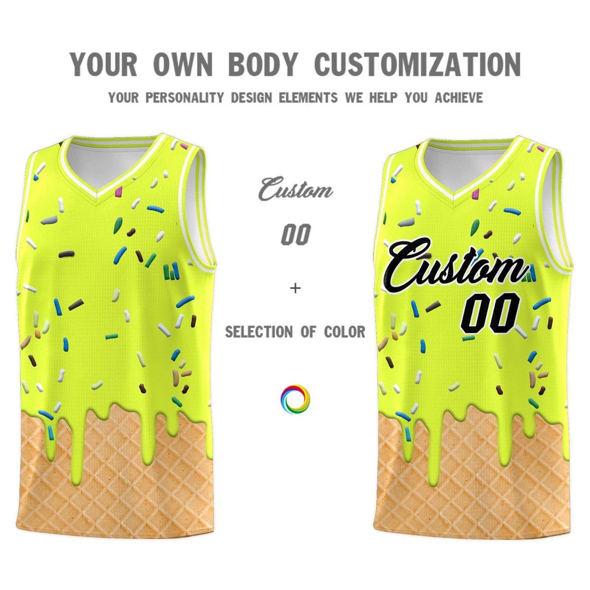 Custom Fluorescent Green Basketball Kits with Ice Cream Element Pattern