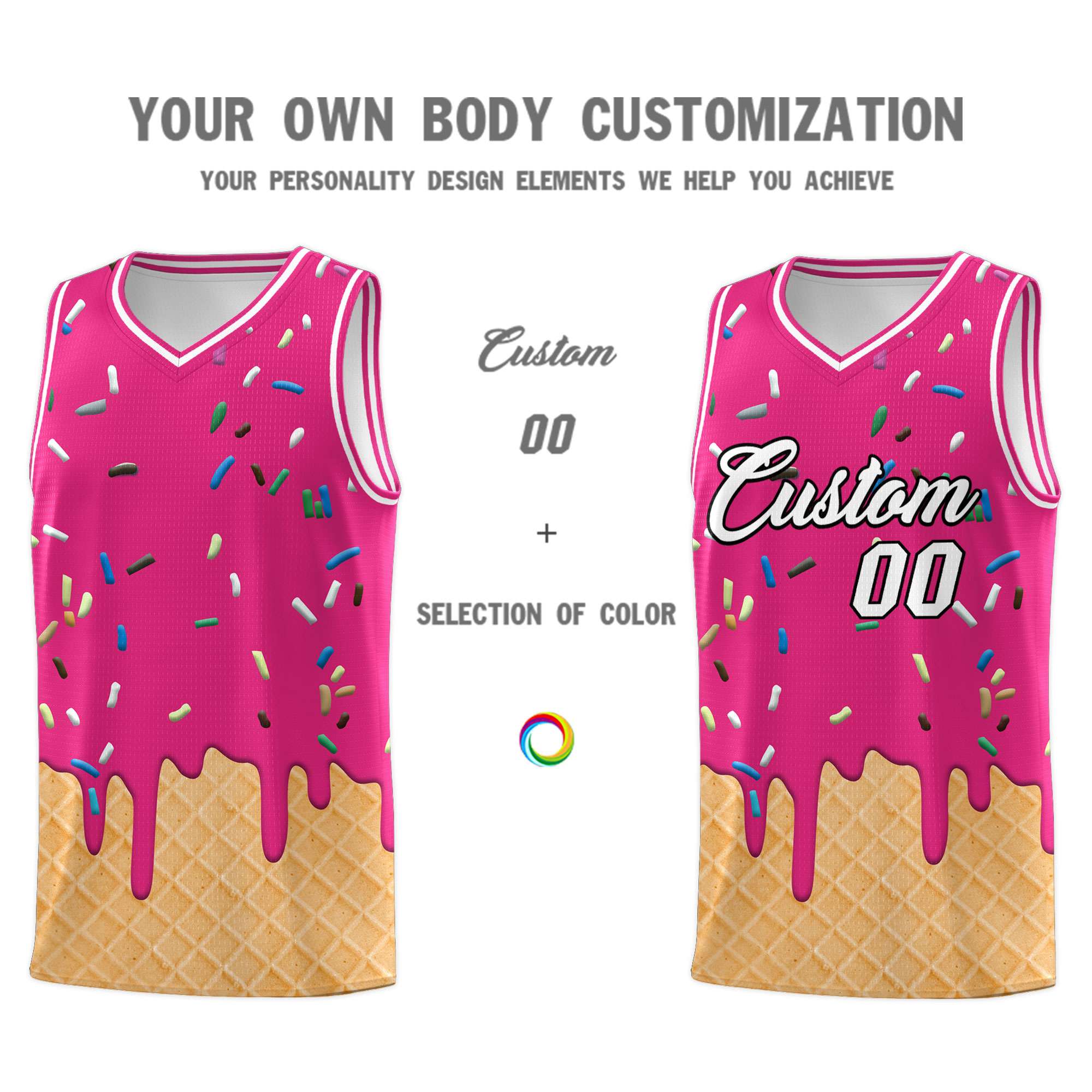 Custom Rose Red Basketball Kits with Ice Cream Element Pattern