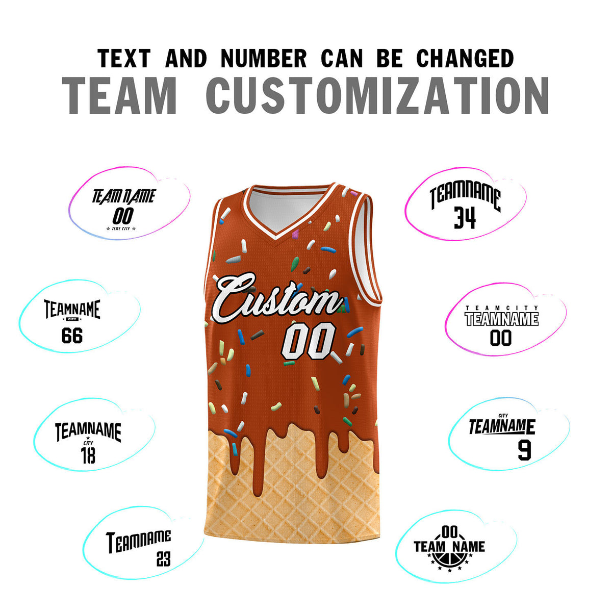 Custom Dark Orange Basketball Kits with Ice Cream Element Pattern