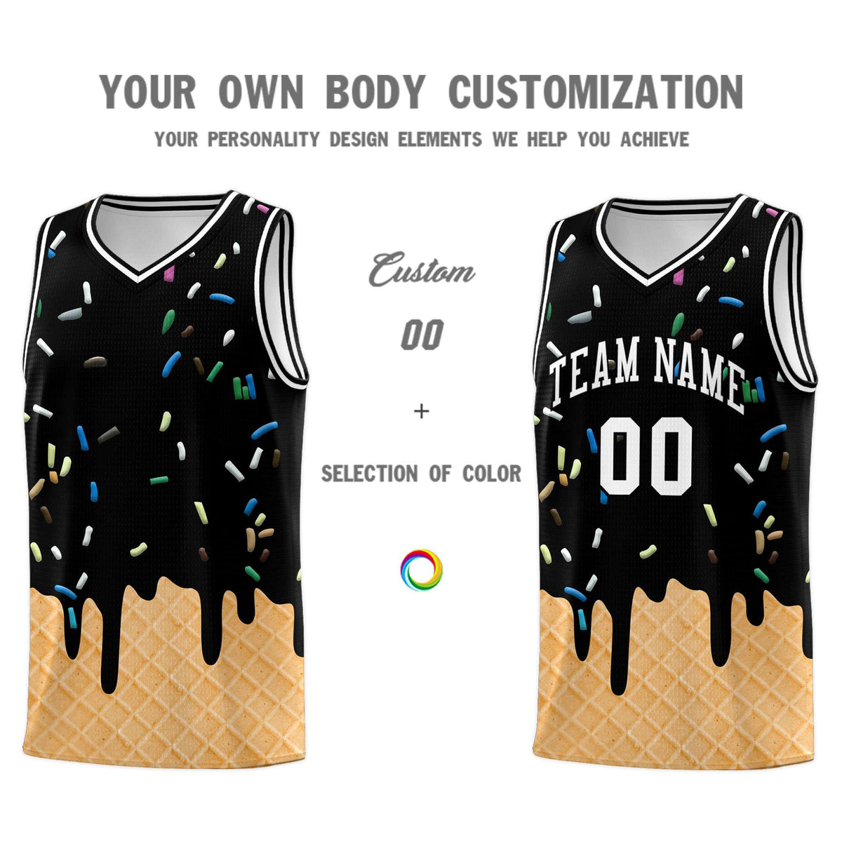 Custom Black Basketball Kits with Ice Cream Element Pattern