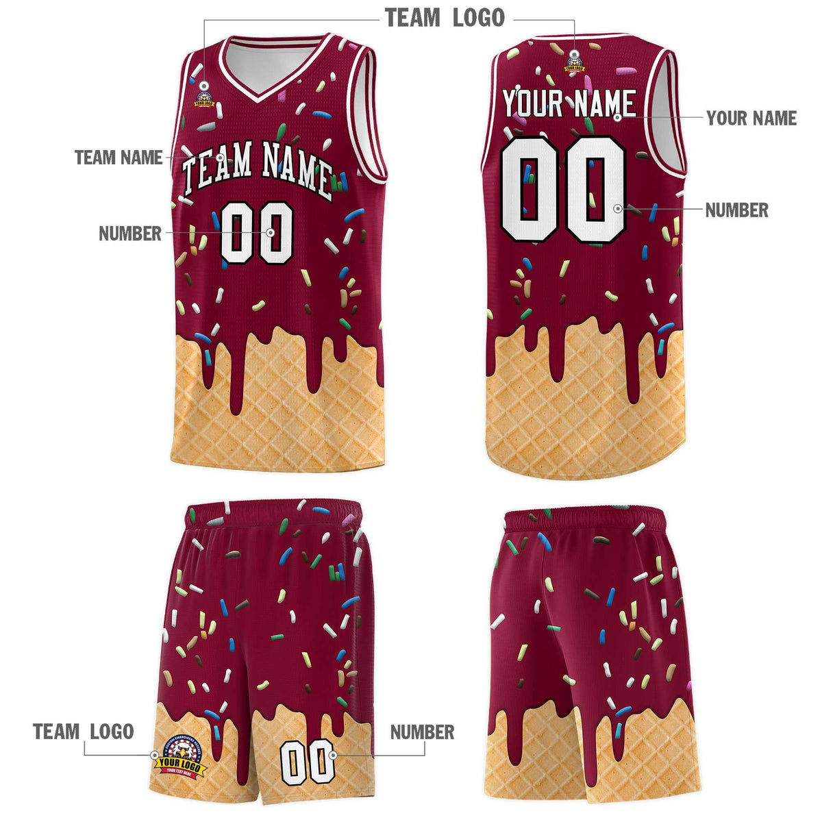 Custom Crimson Basketball Kits with Ice Cream Element Pattern