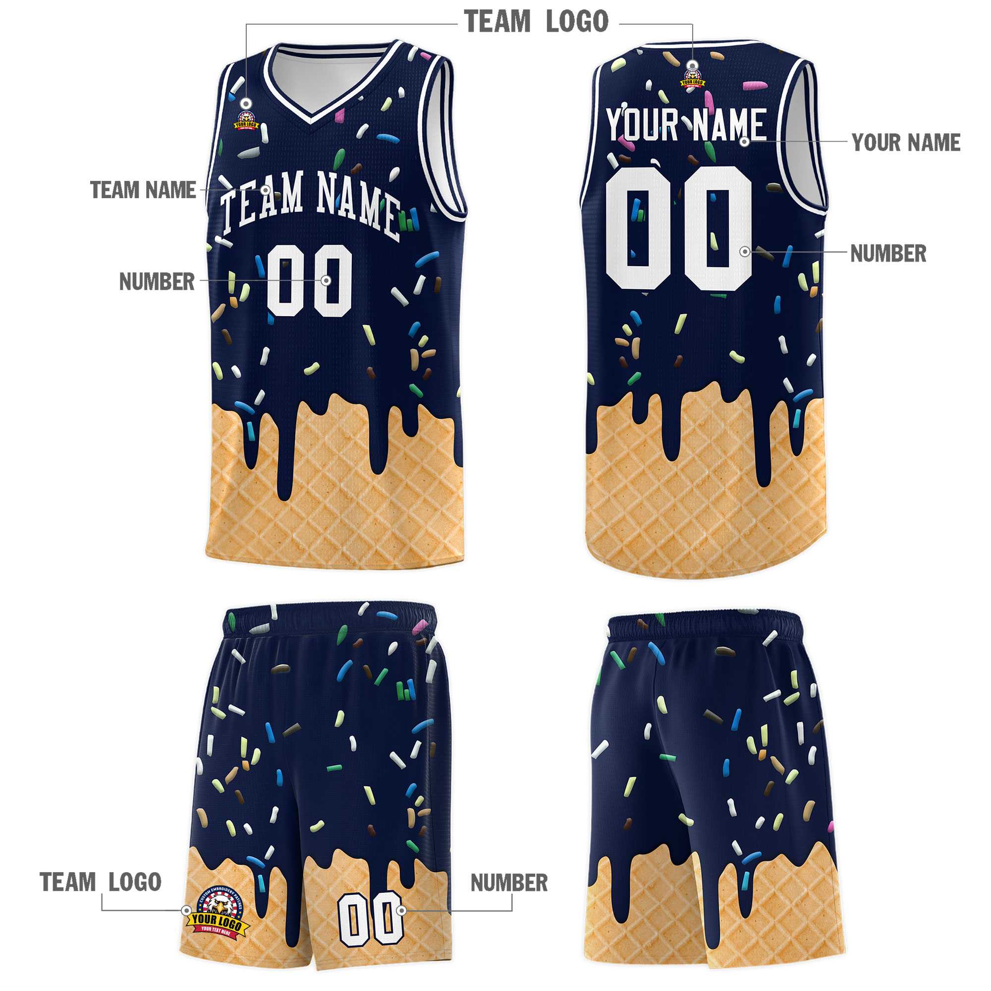 Custom Navy Basketball Kits with Ice Cream Element Pattern
