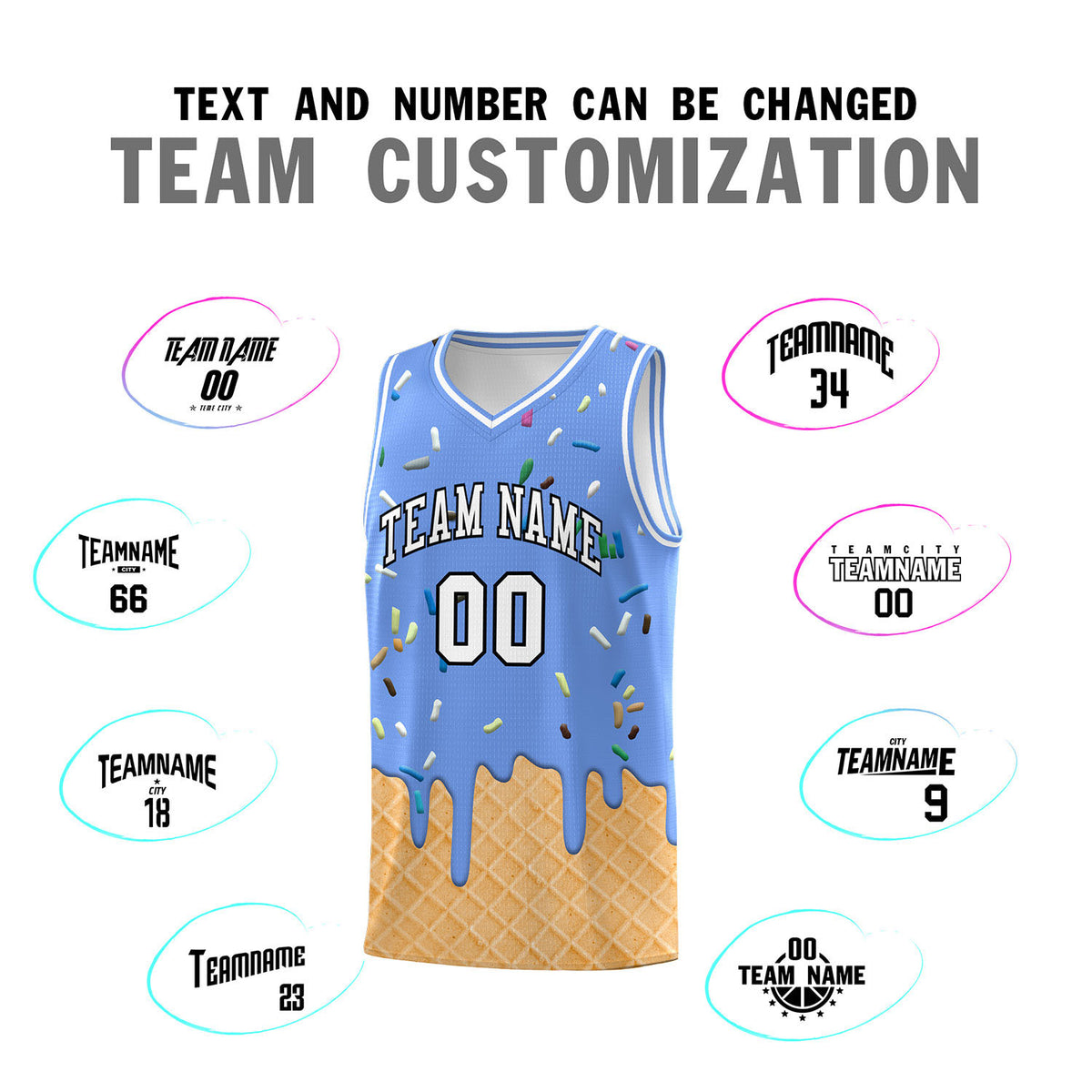 Custom Light Blue Basketball Kits with Ice Cream Element Pattern