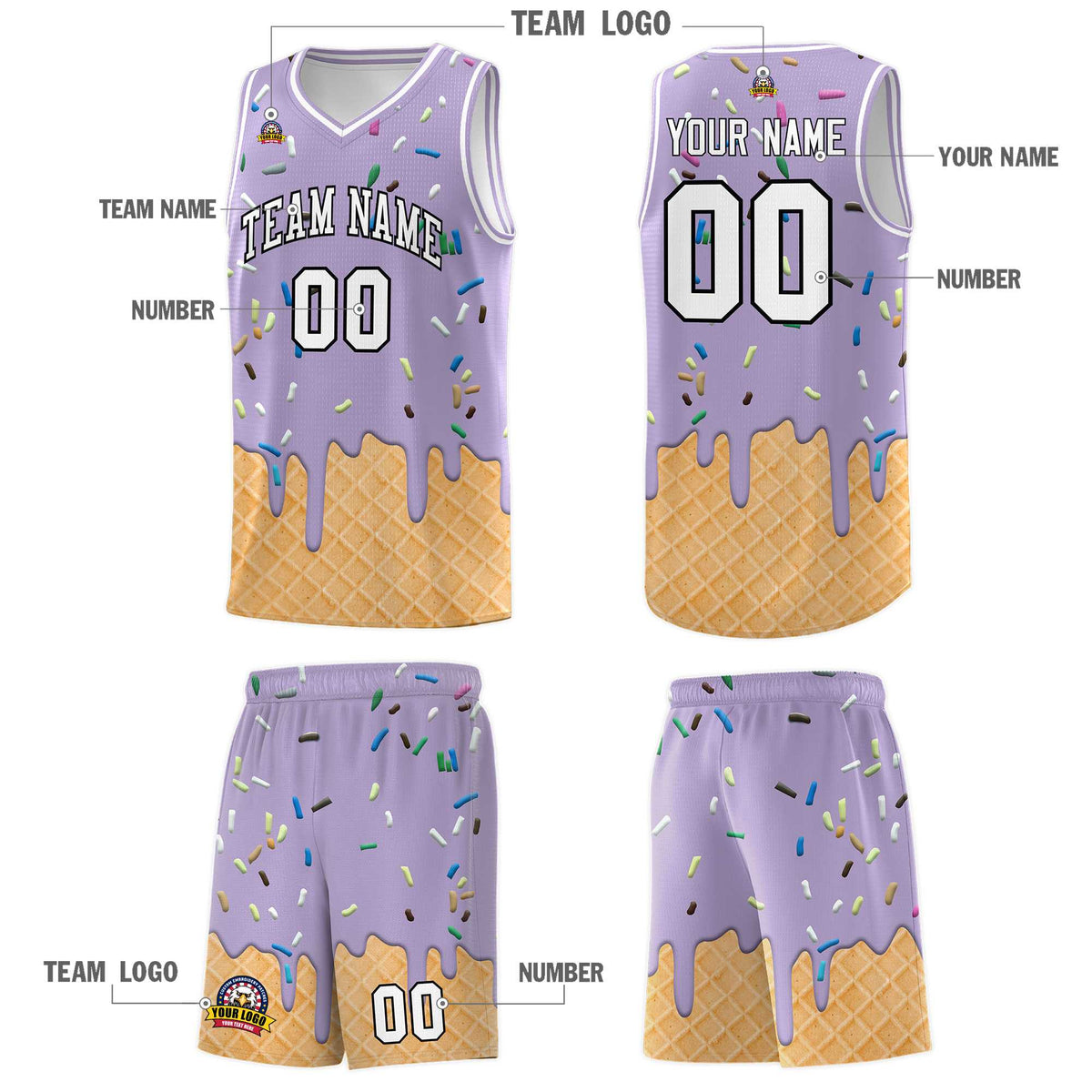 Custom Light Purple Basketball Kits with Ice Cream Element Pattern
