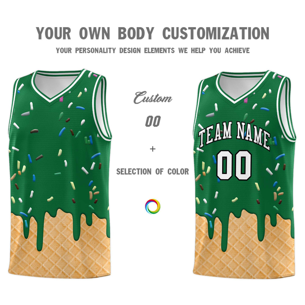 Custom Kelly Green Basketball Kits with Ice Cream Element Pattern