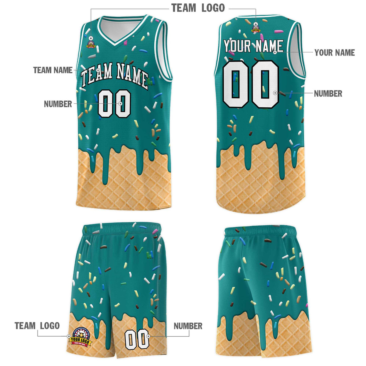 Custom Teal Basketball Kits with Ice Cream Element Pattern