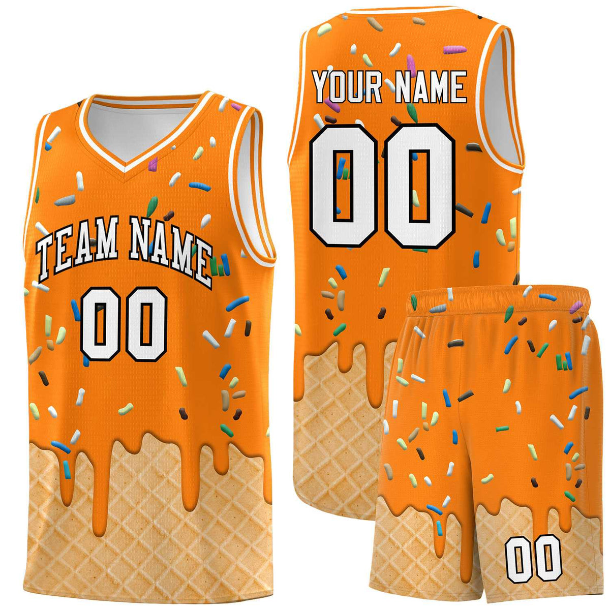Custom Orange Basketball Kits with Ice Cream Element Pattern