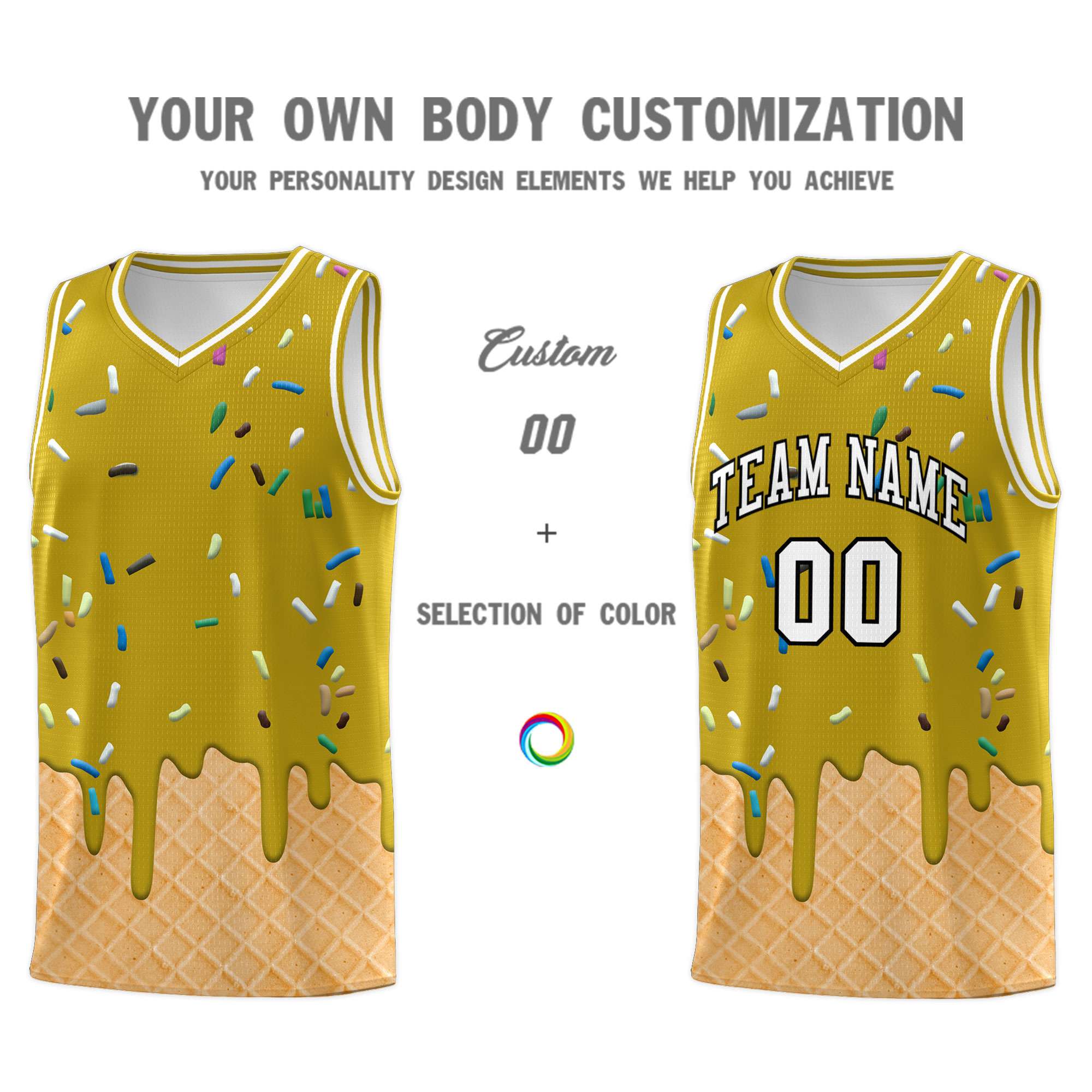 Custom Old Gold Basketball Kits with Ice Cream Element Pattern