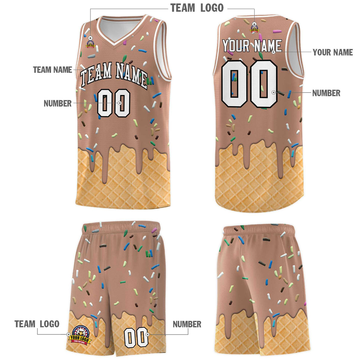 Custom Coffee Basketball Kits with Ice Cream Element Pattern