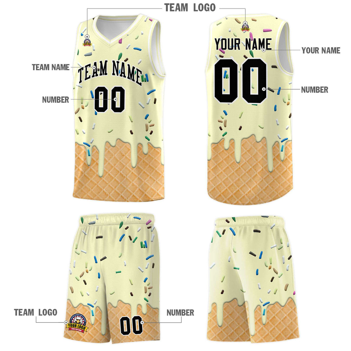 Custom Cream Basketball Kits with Ice Cream Element Pattern