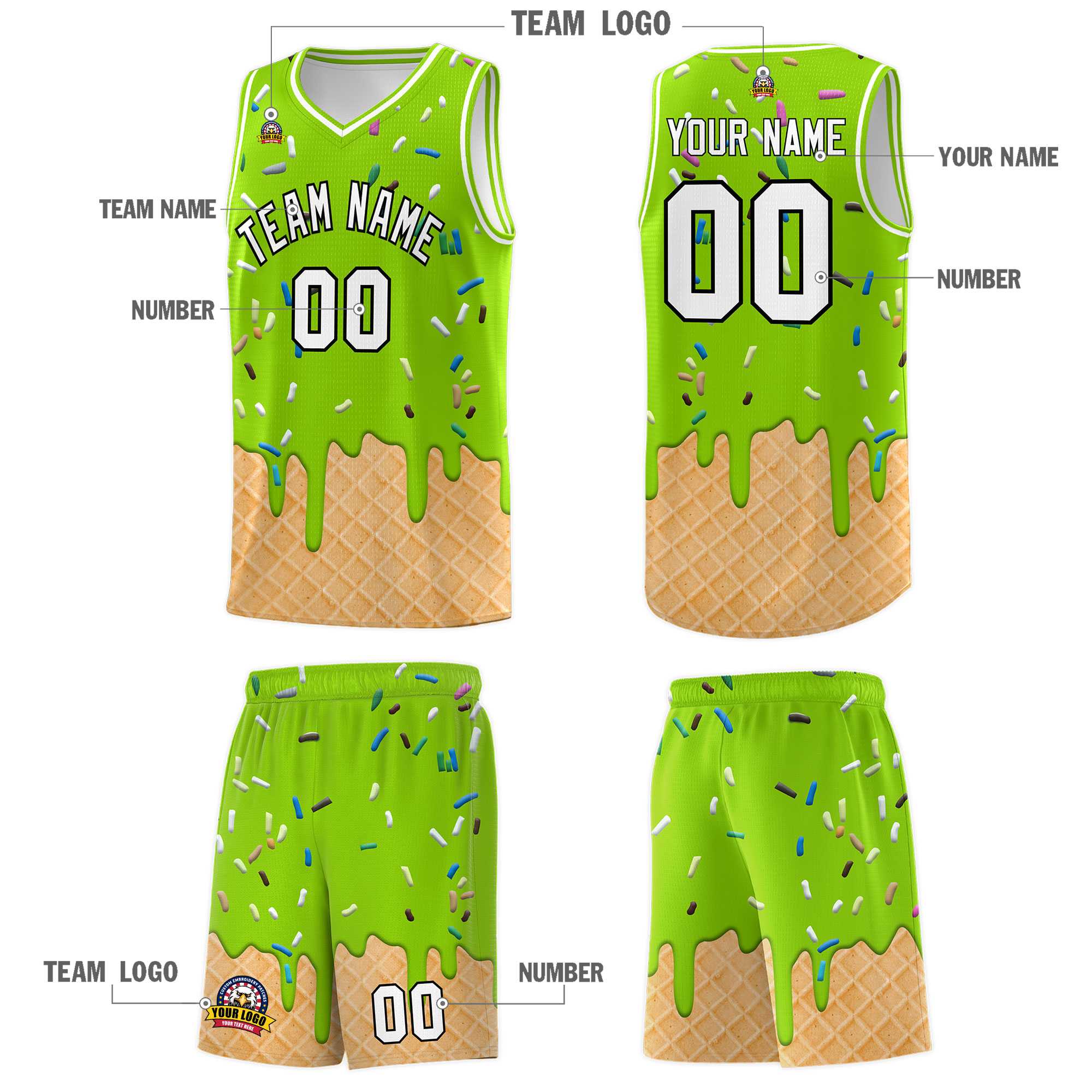 Custom Neon Green Basketball Kits with Ice Cream Element Pattern