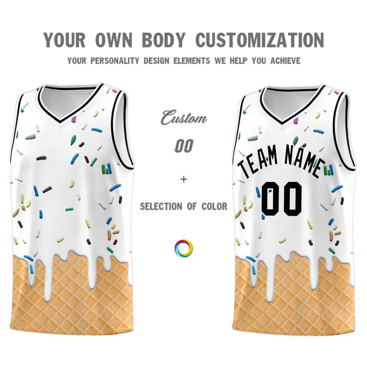 Custom White Basketball Kits with Ice Cream Element Pattern