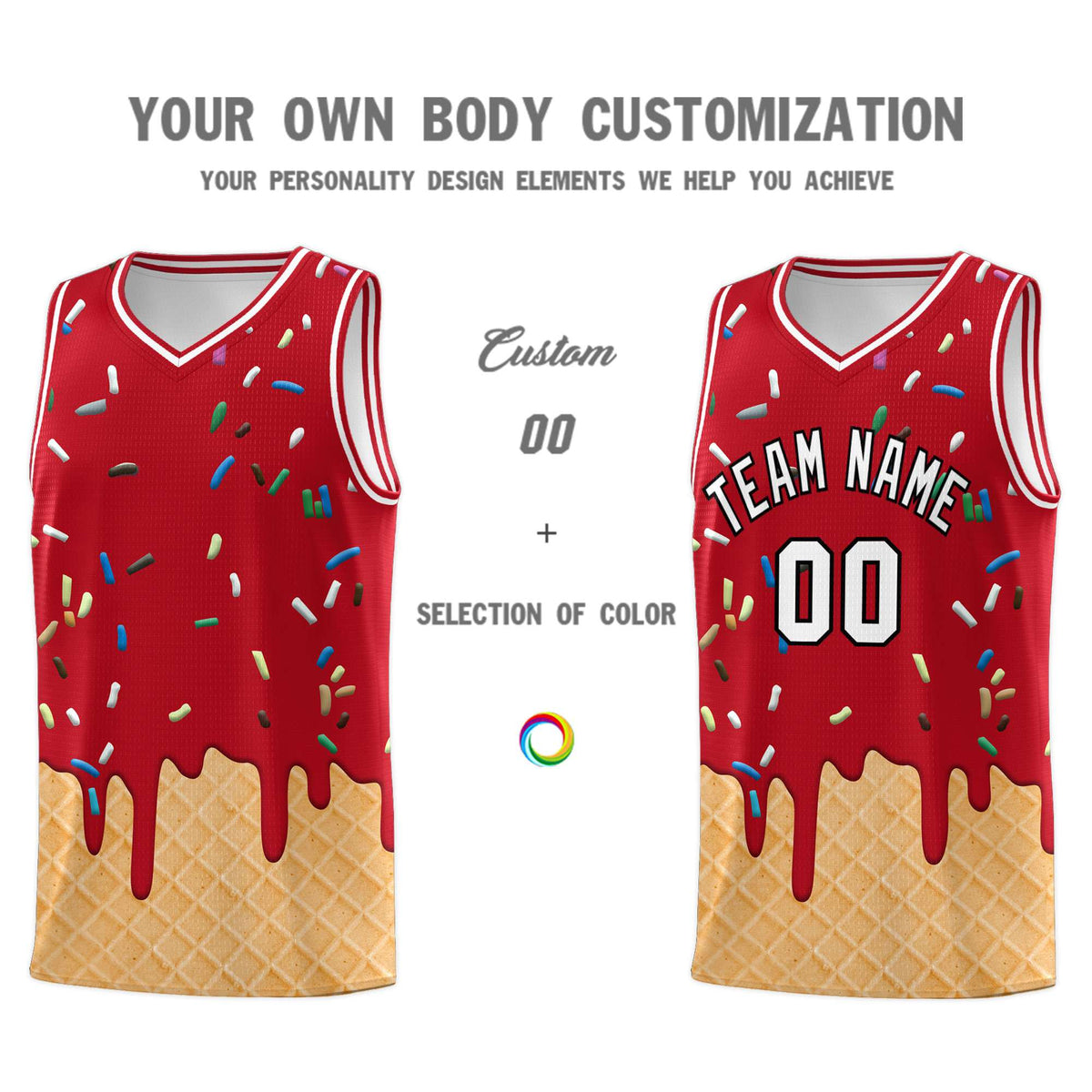 Custom Red Basketball Kits with Ice Cream Element Pattern