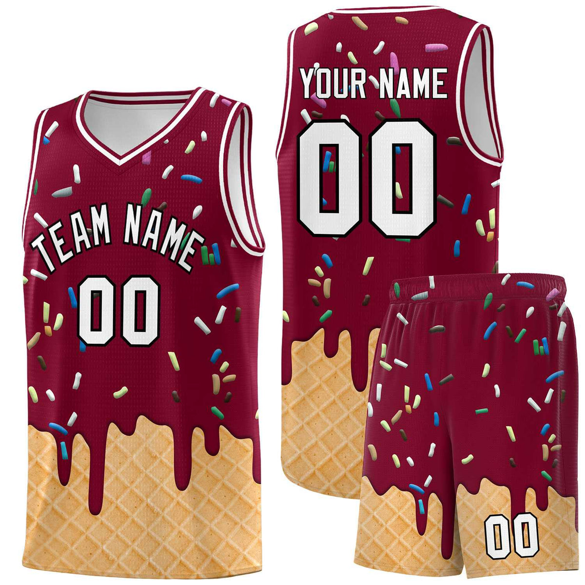 Custom Crimson Basketball Kits with Ice Cream Element Pattern