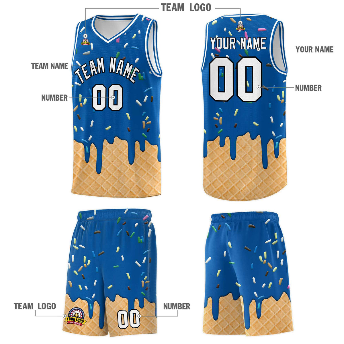 Custom Royal Basketball Kits with Ice Cream Element Pattern