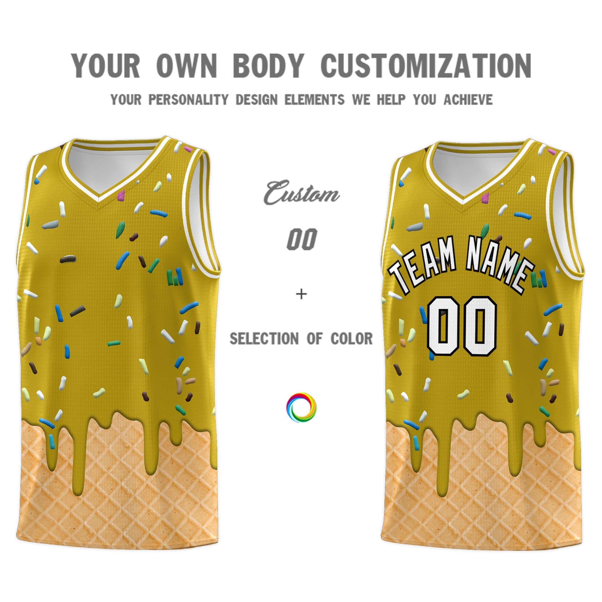 Custom Old Gold Basketball Kits with Ice Cream Element Pattern