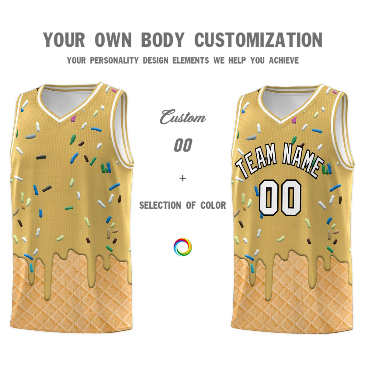 Custom Old Gold Basketball Kits with Ice Cream Element Pattern