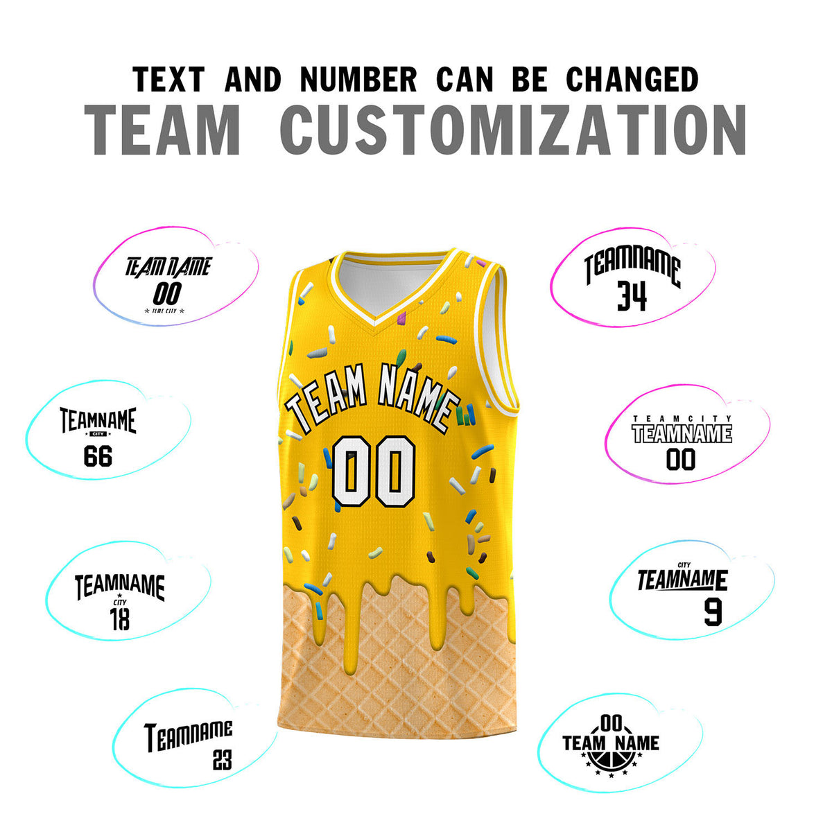 Custom Yellow Basketball Kits with Ice Cream Element Pattern
