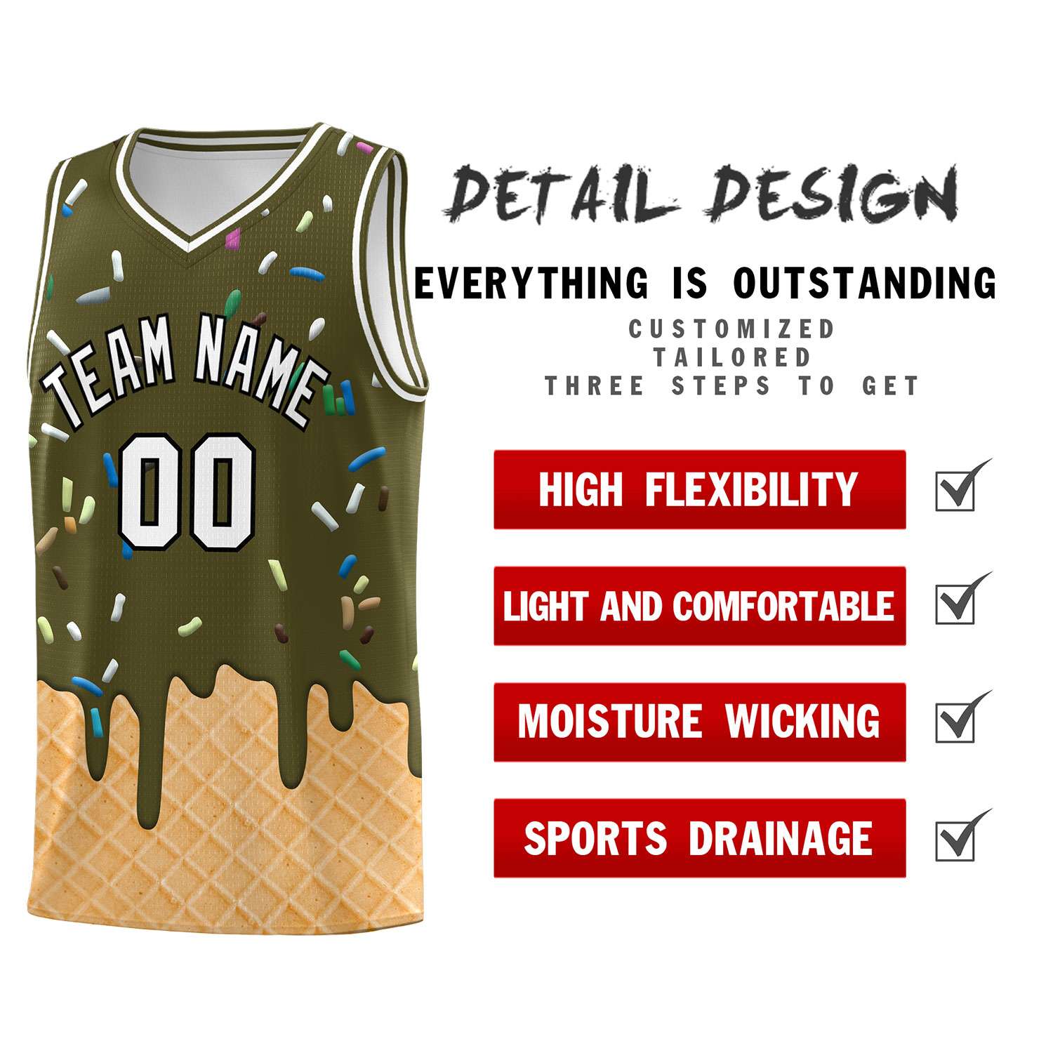 Custom Olive Basketball Kits with Ice Cream Element Pattern