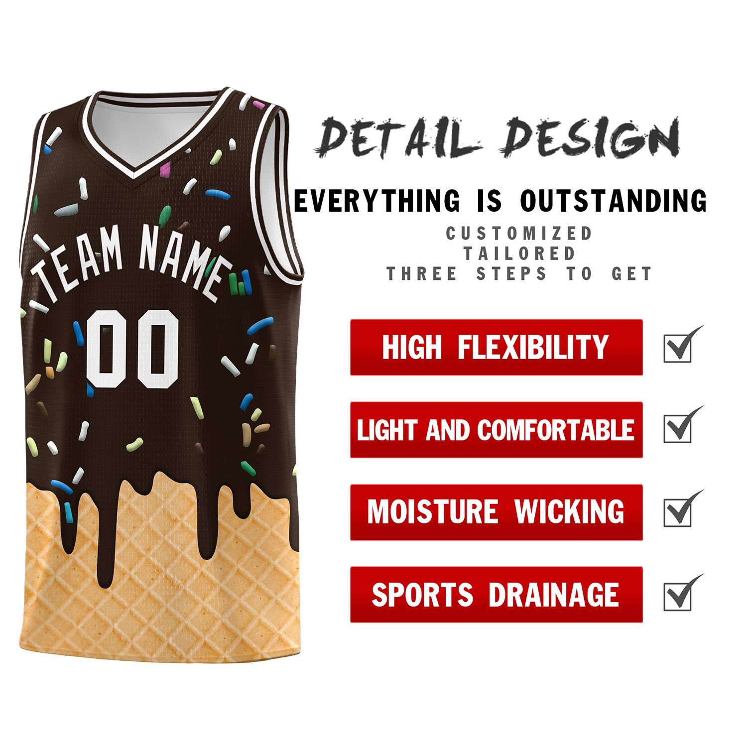 Custom Brown Basketball Kits with Ice Cream Element Pattern